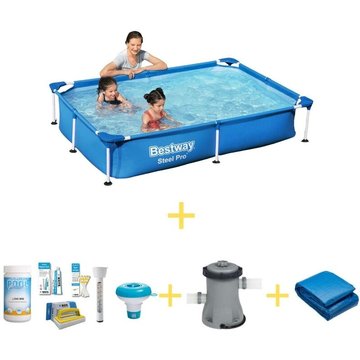 Piscine Bestway Steel Pro 221 x 150 x 43 cm avec kit d'entretien, pompe de filtrage et tapis de sol - Bleu