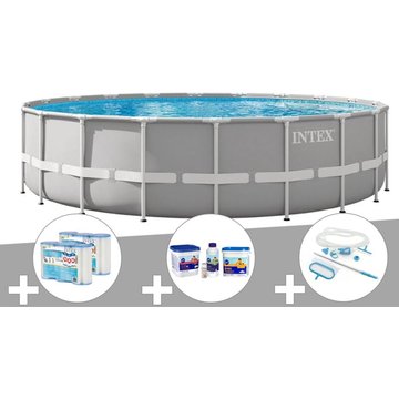 Kit piscine tubulaire Intex Prism Frame ronde 6,10 x 1,32 m + 6 cartouches de filtration + Kit d'entretien + Kit de traitement au chlore