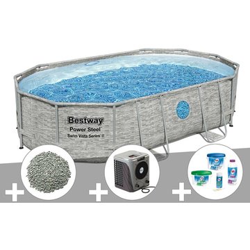 Kit piscine tubulaire ovale Bestway Power Steel SwimVista avec hublots 4,88 x 3,05 x 1,07 m + 10 kg de zéolite + Kit de traitement au chlore + Pompe