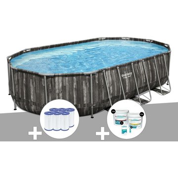 Kit piscine tubulaire ovale Bestway Power Steel décor bois 6,10 x 3,66 x 1,22 m + 6 cartouches de filtration + Kit de traitement au chlore - Gris