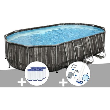 Kit piscine tubulaire ovale Bestway Power Steel décor bois 6,10 x 3,66 x 1,22 m + 6 cartouches de filtration + Kit d'entretien Deluxe - Gris