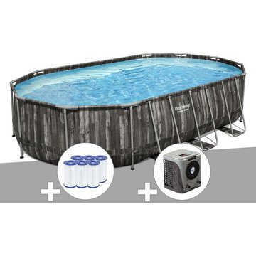 Kit piscine tubulaire ovale Bestway Power Steel décor bois 6,10 x 3,66 x 1,22 m + 6 cartouches de filtration + Pompe à chaleur - Gris