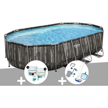 Kit piscine tubulaire ovale Bestway Power Steel décor bois 6,10 x 3,66 x 1,22 m + Kit de traitement au chlore + Kit d'entretien Deluxe - Gris