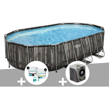 Kit piscine tubulaire ovale Bestway Power Steel décor bois 6,10 x 3,66 x 1,22 m + Kit de traitement au chlore + Pompe à chaleur - Gris