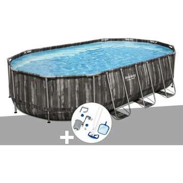 Kit piscine tubulaire ovale Bestway Power Steel décor bois 6,10 x 3,66 x 1,22 m + Kit d'entretien Deluxe - Gris