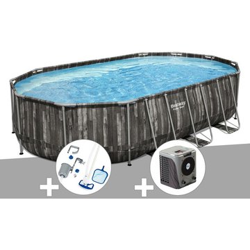 Kit piscine tubulaire ovale Bestway Power Steel décor bois 6,10 x 3,66 x 1,22 m + Kit d'entretien Deluxe + Pompe à chaleur - Gris