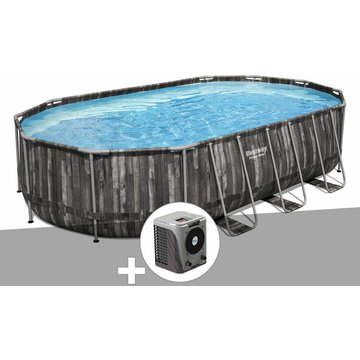 Kit piscine tubulaire ovale Bestway Power Steel décor bois 6,10 x 3,66 x 1,22 m + Pompe à chaleur - Gris