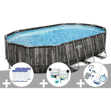Kit piscine tubulaire ovale Bestway Power Steel décor bois 6,10 x 3,66 x 1,22 m + 6 cartouches de filtration + Kit de traitement au chlore