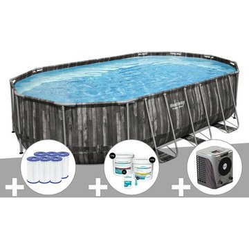 Kit piscine tubulaire ovale Bestway Power Steel décor bois 6,10 x 3,66 x 1,22 m + 6 cartouches de filtration + Kit de traitement au chlore + Pompe