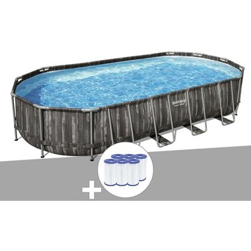 Kit piscine tubulaire ovale Bestway Power Steel décor bois 7,32 x 3,66 x 1,22 m + 6 cartouches de filtration - Gris