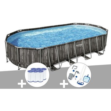 Kit piscine tubulaire ovale Bestway Power Steel décor bois 7,32 x 3,66 x 1,22 m + 6 cartouches de filtration + Kit d'entretien Deluxe - Gris