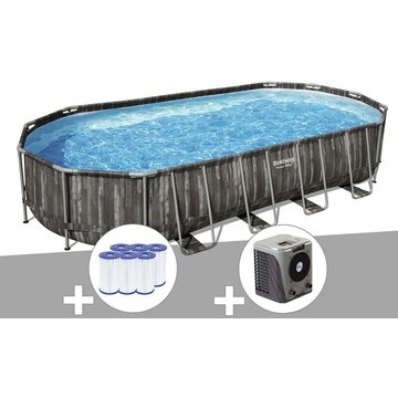 Kit piscine tubulaire ovale Bestway Power Steel décor bois 7,32 x 3,66 x 1,22 m + 6 cartouches de filtration + Pompe à chaleur - Gris