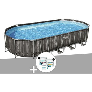 Kit piscine tubulaire ovale Bestway Power Steel décor bois 7,32 x 3,66 x 1,22 m + Kit de traitement au chlore - Gris