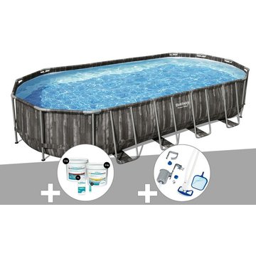 Kit piscine tubulaire ovale Bestway Power Steel décor bois 7,32 x 3,66 x 1,22 m + Kit de traitement au chlore + Kit d'entretien Deluxe - Gris