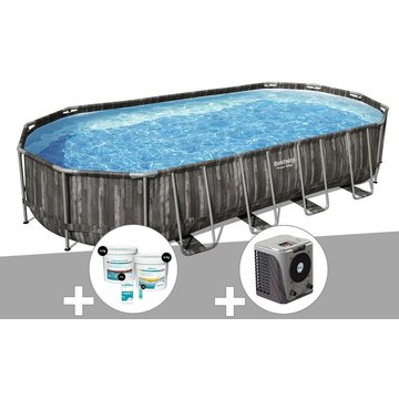 Kit piscine tubulaire ovale Bestway Power Steel décor bois 7,32 x 3,66 x 1,22 m + Kit de traitement au chlore + Pompe à chaleur - Gris