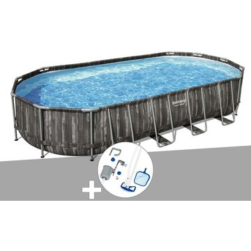Kit piscine tubulaire ovale Bestway Power Steel décor bois 7,32 x 3,66 x 1,22 m + Kit d'entretien Deluxe - Gris
