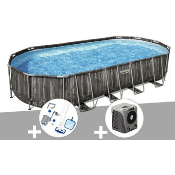 Kit piscine tubulaire ovale Bestway Power Steel décor bois 7,32 x 3,66 x 1,22 m + Kit d'entretien Deluxe + Pompe à chaleur - Gris
