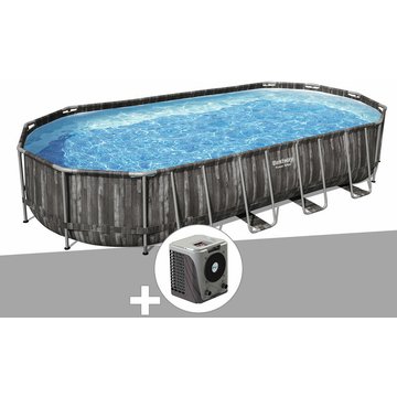 Kit piscine tubulaire ovale Bestway Power Steel décor bois 7,32 x 3,66 x 1,22 m + Pompe à chaleur - Gris