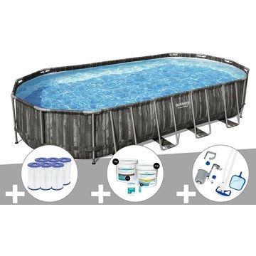 Kit piscine tubulaire ovale Bestway Power Steel décor bois 7,32 x 3,66 x 1,22 m + 6 cartouches de filtration + Kit de traitement au chlore