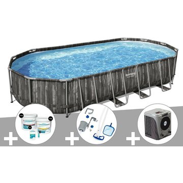 Kit piscine tubulaire ovale Bestway Power Steel décor bois 7,32 x 3,66 x 1,22 m + Kit de traitement au chlore + Kit d'entretien Deluxe + Pompe à