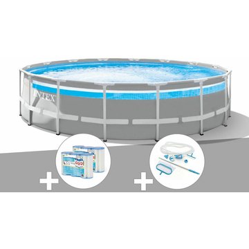 Intex Piscine tubulaire Prism Frame Clear Window ronde 4,88 x 1,22 m + Kit d'entretien + 6 cartouches de filtration - Gris