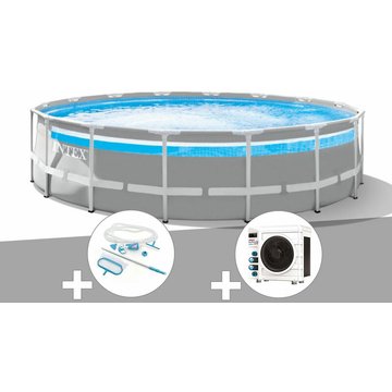 Intex Piscine tubulaire Prism Frame Clear Window ronde 4,88 x 1,22 m + Kit d'entretien + Pompe à chaleur - Gris