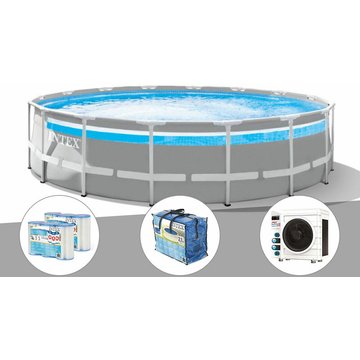 Intex Piscine tubulaire Prism Frame Clearview ronde 4,88 x 1,22 m + Bâche à bulles + 6 cartouches de filtration + Pompe à chaleur - Gris