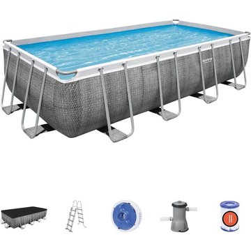 Bestway - Piscine tubulaire rectangulaire 488 x 244 x 122 cm - 11 532 l - motif rotin - Power Steel - 56996 - Gris