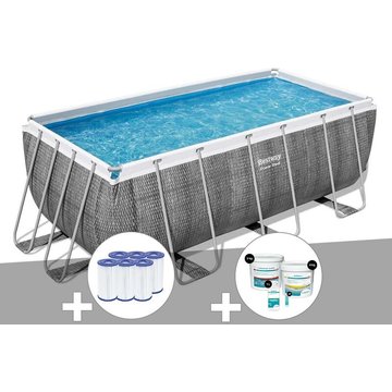Kit piscine tubulaire rectangulaire Bestway Power Steel 4,12 x 2,01 x 1,22 m + 6 cartouches de filtration + Kit de traitement au chlore - Gris