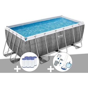 Kit piscine tubulaire rectangulaire Bestway Power Steel 4,12 x 2,01 x 1,22 m + 6 cartouches de filtration + Kit d'entretien Deluxe - Gris