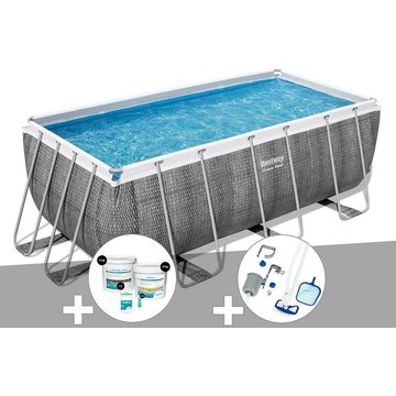 Kit piscine tubulaire rectangulaire Bestway Power Steel 4,12 x 2,01 x 1,22 m + Kit de traitement au chlore + Kit d'entretien Deluxe - Gris