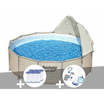 Kit piscine tubulaire ronde Bestway Power Steel 3,96 x 1,07 m + 6 cartouches de filtration + Kit d'entretien Deluxe - Beige