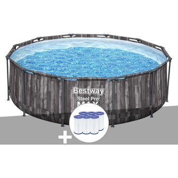 Kit piscine tubulaire ronde Bestway Steel Pro Max décor bois 3,66 x 1,00 m + 6 cartouches de filtration - Gris