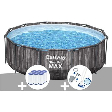 Kit piscine tubulaire ronde Bestway Steel Pro Max décor bois 3,66 x 1,00 m + 6 cartouches de filtration + Kit d'entretien Deluxe - Gris