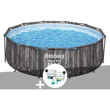 Kit piscine tubulaire ronde Bestway Steel Pro Max décor bois 3,66 x 1,00 m + Kit de traitement au chlore - Gris