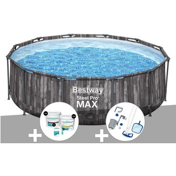 Kit piscine tubulaire ronde Bestway Steel Pro Max décor bois 3,66 x 1,00 m + Kit de traitement au chlore + Kit d'entretien Deluxe - Gris