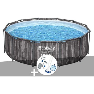 Kit piscine tubulaire ronde Bestway Steel Pro Max décor bois 3,66 x 1,00 m + Kit d'entretien Deluxe - Gris