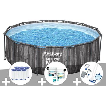 Kit piscine tubulaire ronde Bestway Steel Pro Max décor bois 3,66 x 1,00 m + 6 cartouches de filtration + Kit de traitement au chlore