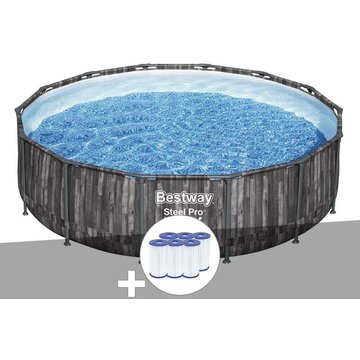 Kit piscine tubulaire ronde Bestway Steel Pro Max décor bois, 4,27 x 1,07 m + 6 cartouches de filtration - Gris