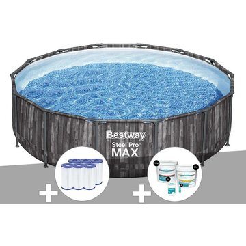 Kit piscine tubulaire ronde Bestway Steel Pro Max décor bois, 4,27 x 1,07 m + 6 cartouches de filtration + Kit de traitement au chlore - Gris