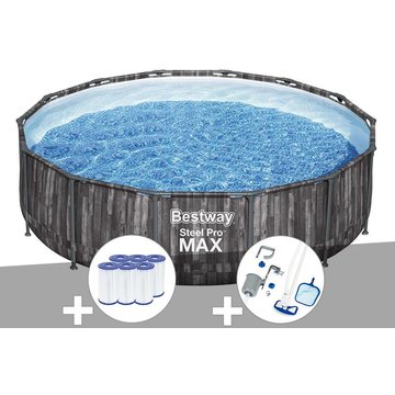 Kit piscine tubulaire ronde Bestway Steel Pro Max décor bois, 4,27 x 1,07 m + 6 cartouches de filtration + Kit d'entretien Deluxe - Gris