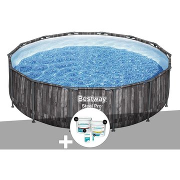 Kit piscine tubulaire ronde Bestway Steel Pro Max décor bois, 4,27 x 1,07 m + Kit de traitement au chlore - Gris