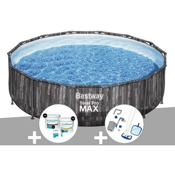 Kit piscine tubulaire ronde Bestway Steel Pro Max décor bois, 4,27 x 1,07 m + Kit de traitement au chlore + Kit d'entretien Deluxe - Gris