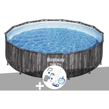 Kit piscine tubulaire ronde Bestway Steel Pro Max, décor bois, 4,27 x 1,07 m + Kit d'entretien Deluxe - Gris