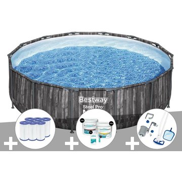 Kit piscine tubulaire ronde Bestway Steel Pro Max décor bois, 4,27 x 1,07 m + 6 cartouches de filtration + Kit de traitement au chlore
