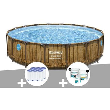 Kit piscine tubulaire ronde Bestway Power Steel avec hublots 5,49 x 1,22 m + 6 cartouches de filtration + Kit de traitement au chlore - Marron