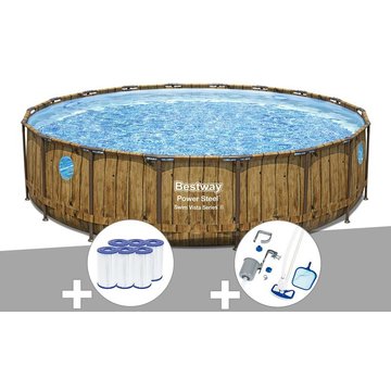 Kit piscine tubulaire ronde Bestway Power Steel avec hublots 5,49 x 1,22 m + 6 cartouches de filtration + Kit d'entretien Deluxe - Marron