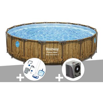 Kit piscine tubulaire ronde Bestway Power Steel avec hublots 5,49 x 1,22 m + Kit d'entretien Deluxe + Pompe à chaleur - Marron