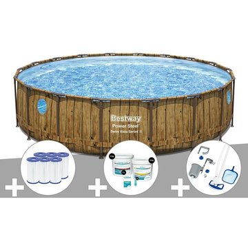 Kit piscine tubulaire ronde Bestway Power Steel avec hublots 5,49 x 1,22 m + 6 cartouches de filtration + Kit de traitement au chlore + Kit
