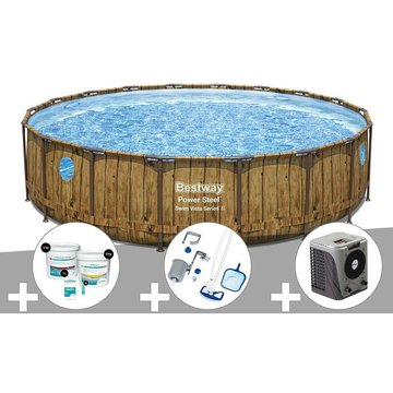 Kit piscine tubulaire ronde Bestway Power Steel avec hublots 5,49 x 1,22 m + Kit de traitement au chlore + Kit d'entretien Deluxe + Pompe à chaleur